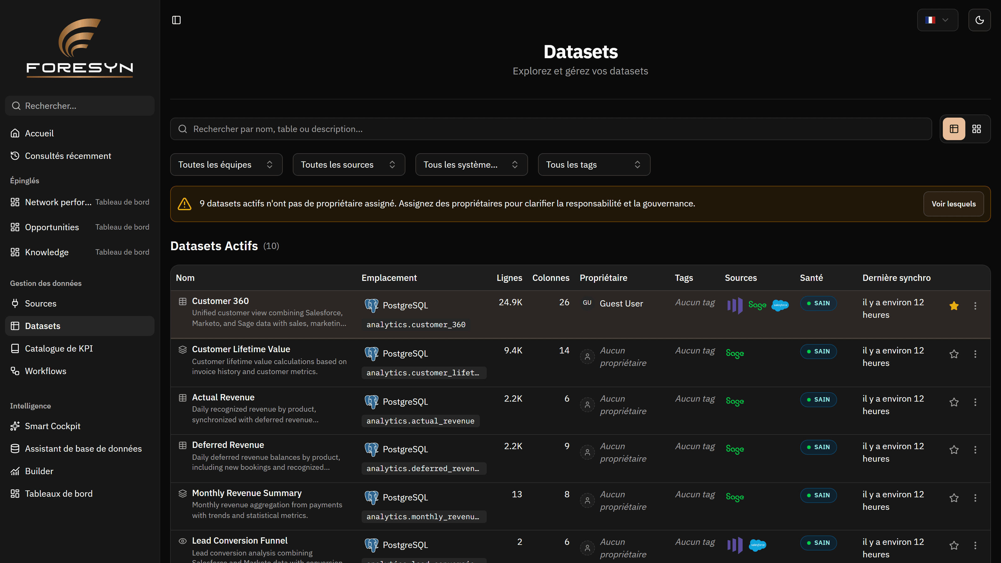 Table des datasets avec le bandeau de gouvernance émis par le produit sur les propriétaires non assignés